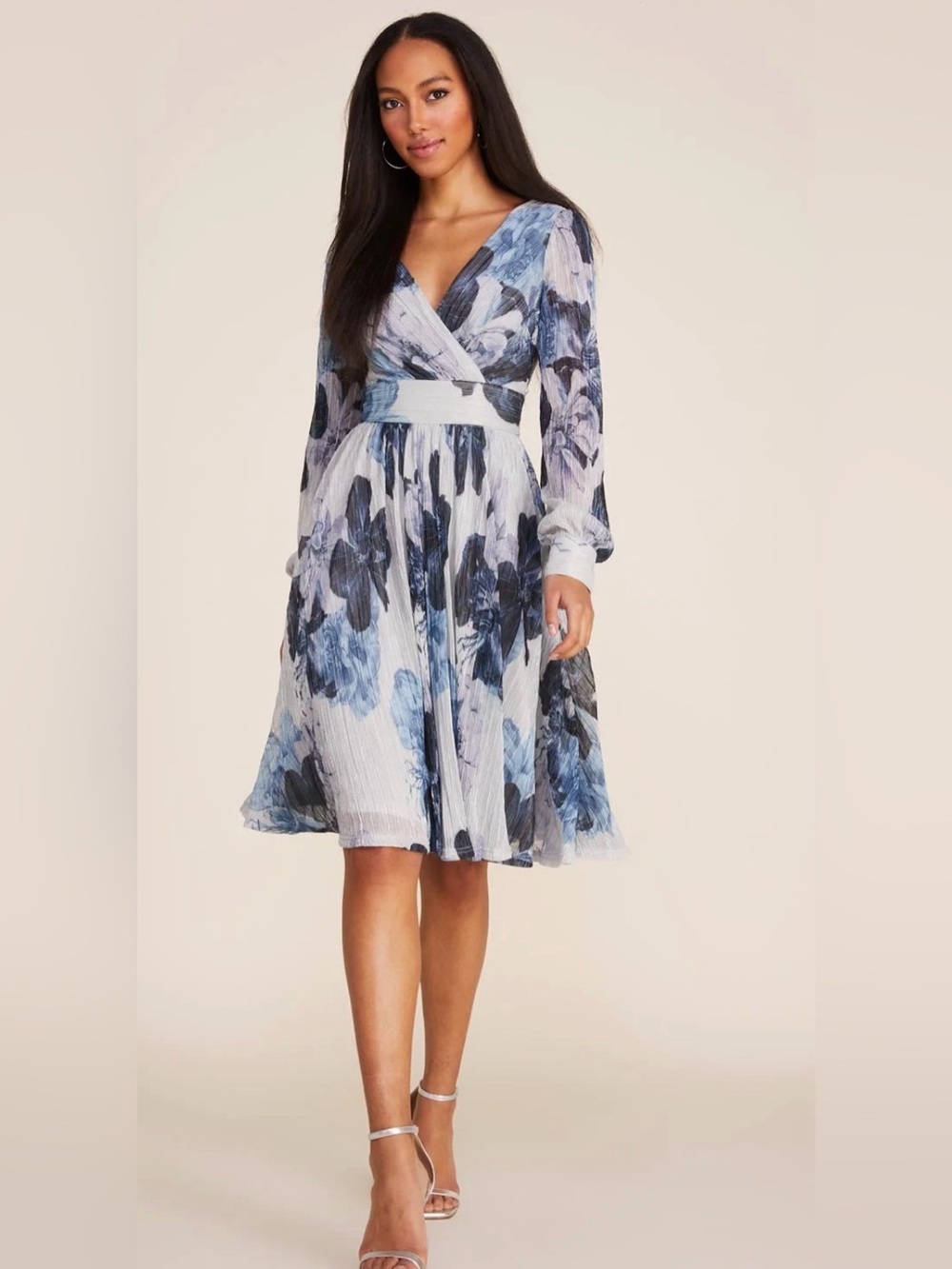 le chateau Blue Floral Dress with Long Sleeves